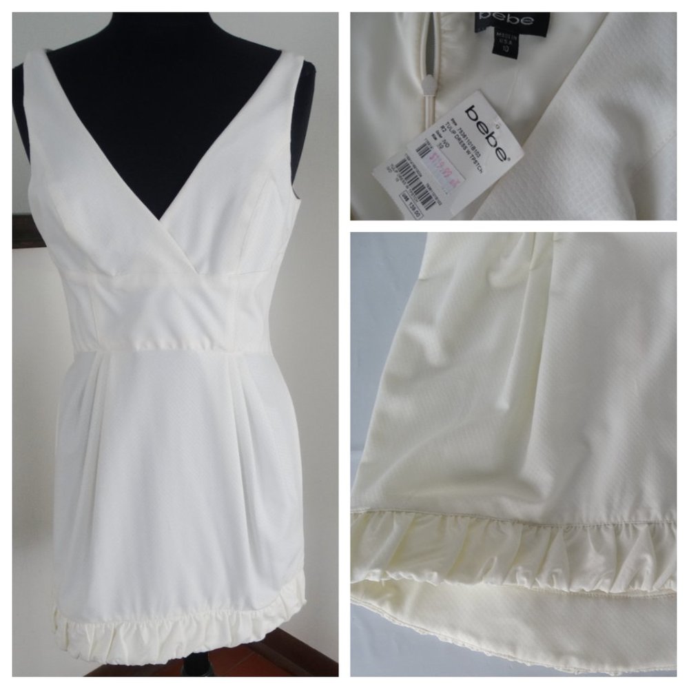 NEW BEBE Ivory Tulip Mini Sleeveless Dress size 10, hi-lo, USA made